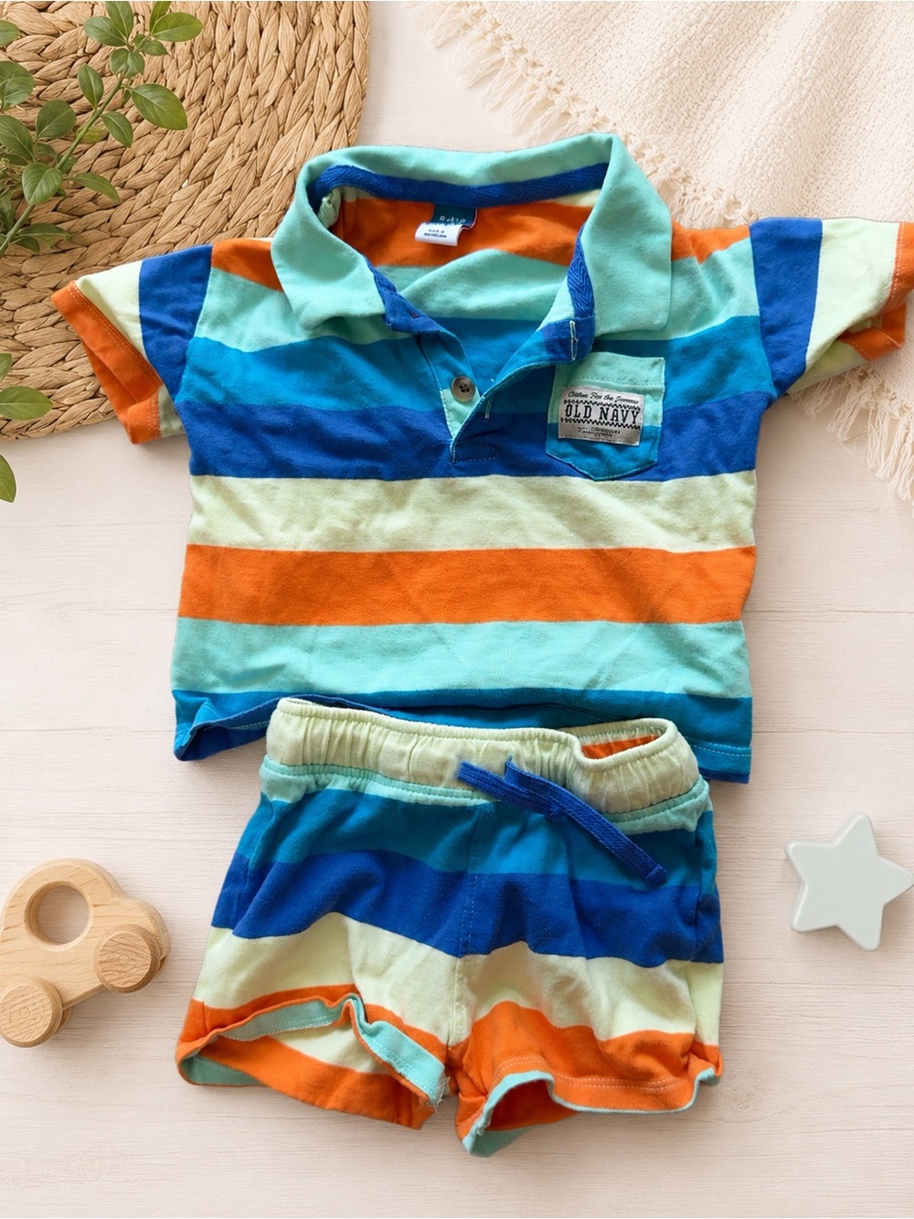 Old Navy Striped  Shirt & Shorts Set - Blue, Orange, Mint 6-12M